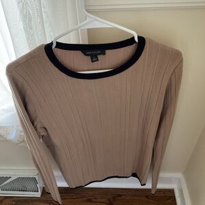 Ann Taylor Beige Ribbed Top with Black Trim